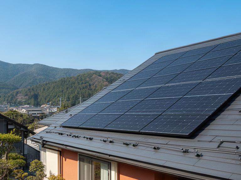 岐阜県中津川市の住宅屋根に設置された太陽光パネルと青空