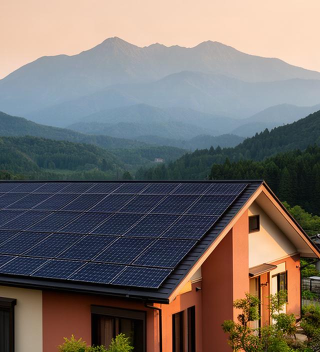 岐阜県中津川市の住宅屋根に設置された太陽光パネルと恵那山を望む風景